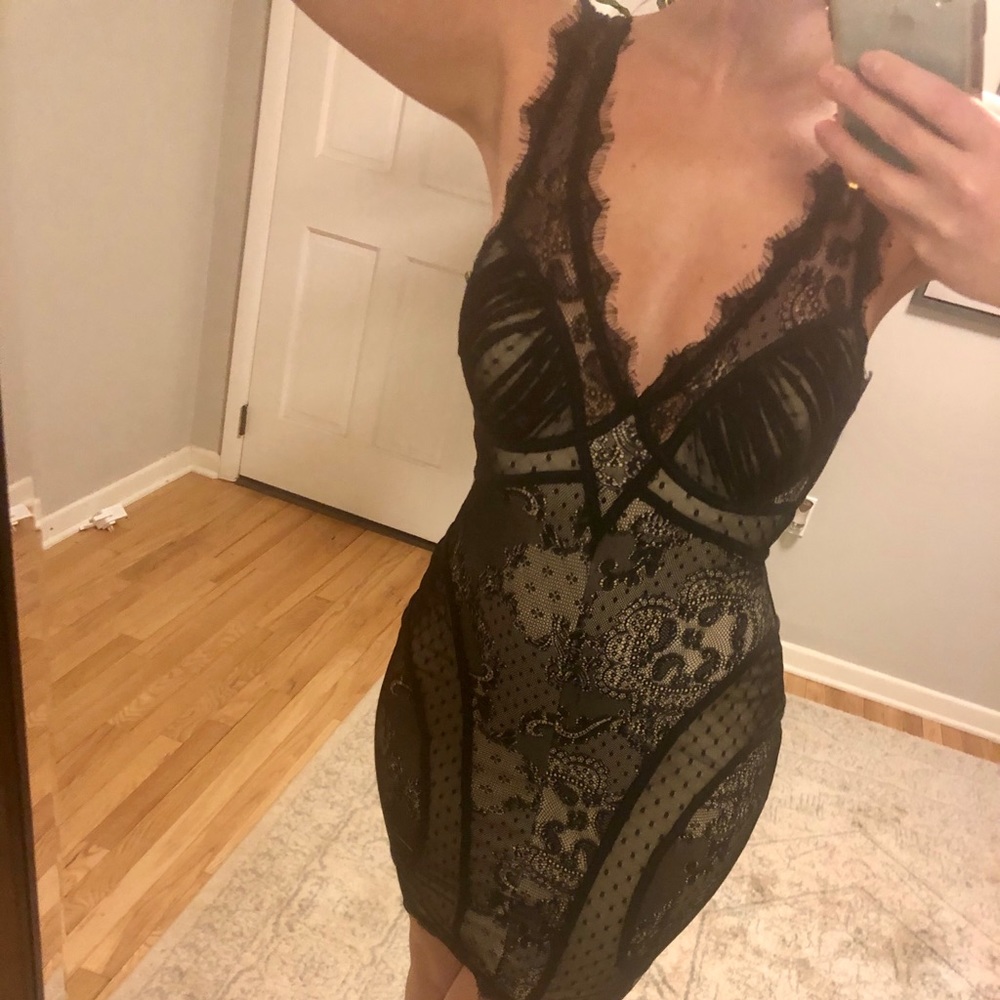 Bebe black lace nude mini dress bodycon corset
